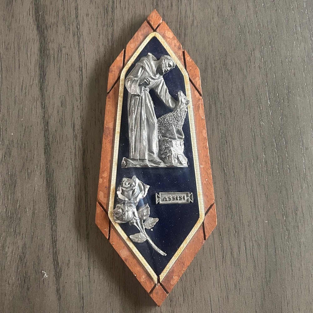 Vintage Peltro Italy St Francis of Assisi Pewter Wood Velvet Wall Plaque 9"